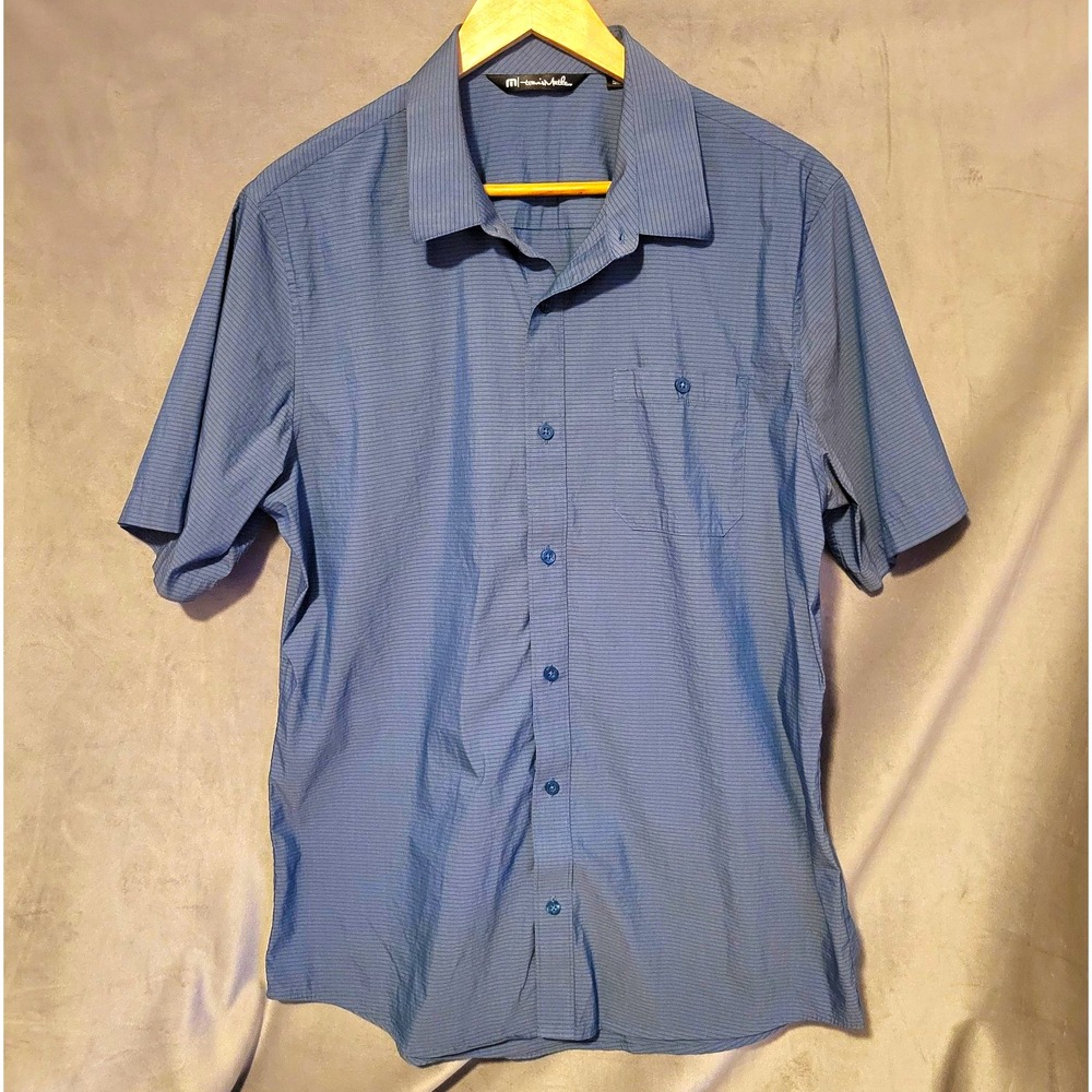 TravisMathew Men's Blue Striped Button-Up Shirt Short Sleeve L Spread Collar L